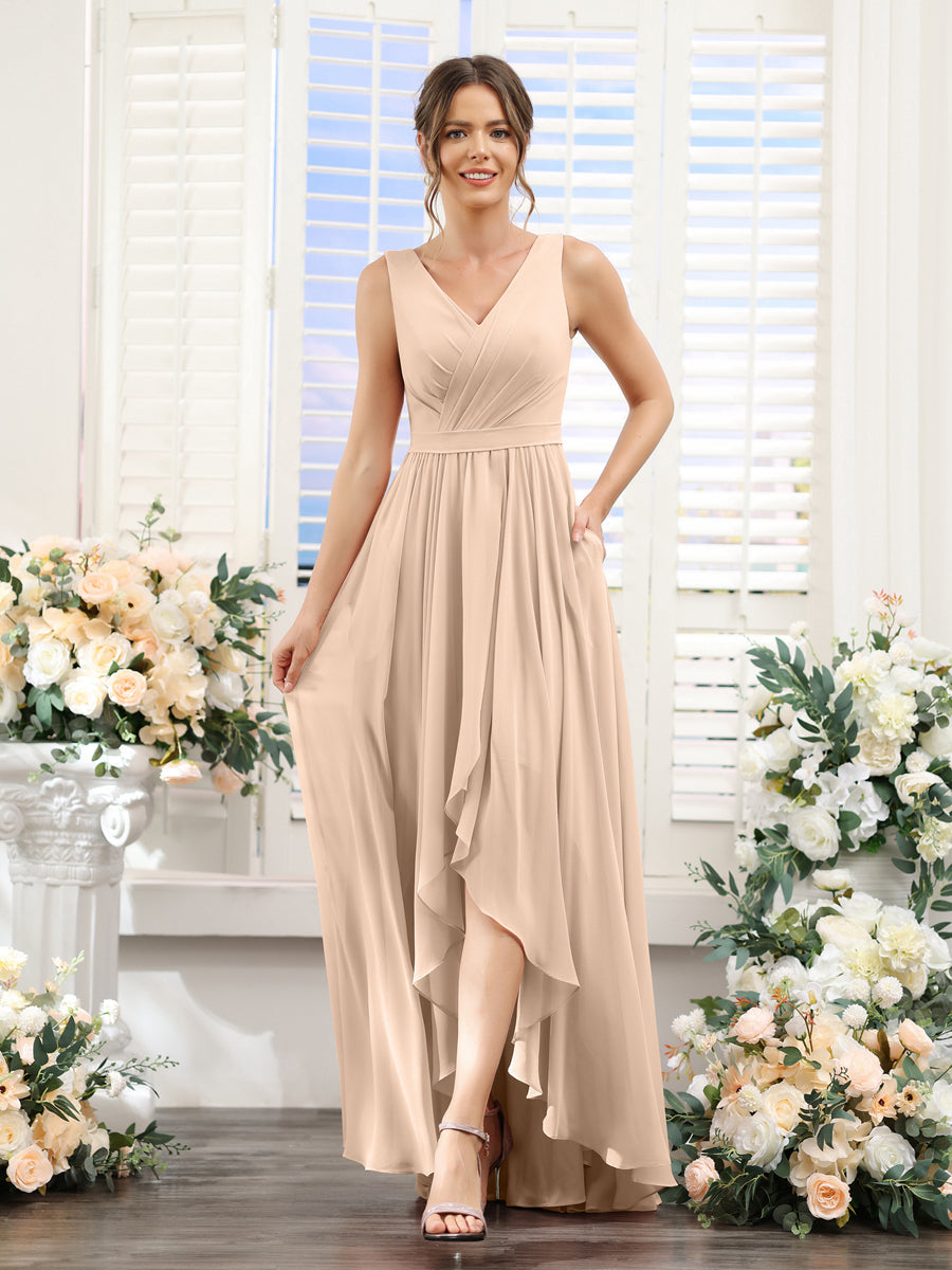 A-Line V-Neck Sleeveless Ruched Asymmetrical Chiffon Bridesmaid Dresses Peach Pink