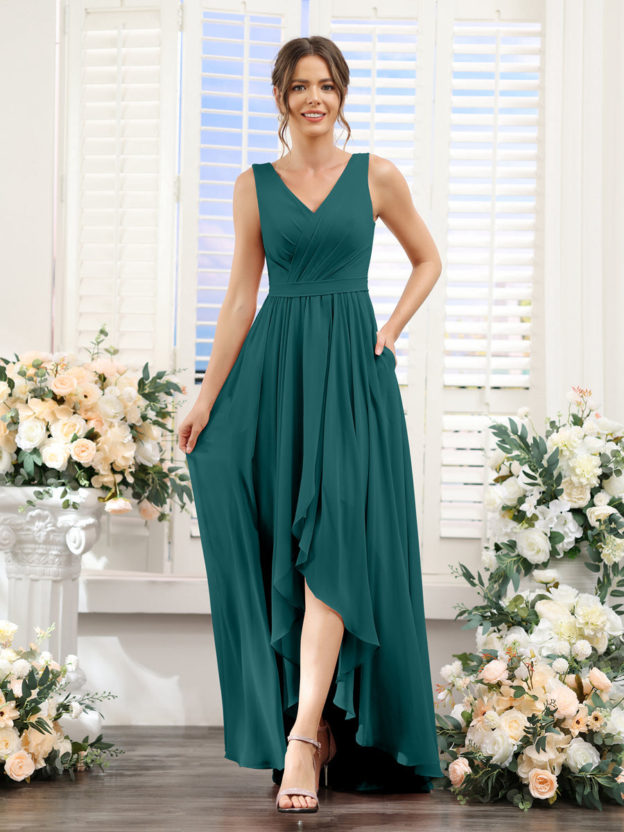 A-Line V-Neck Sleeveless Ruched Asymmetrical Chiffon Bridesmaid Dresses Peacock