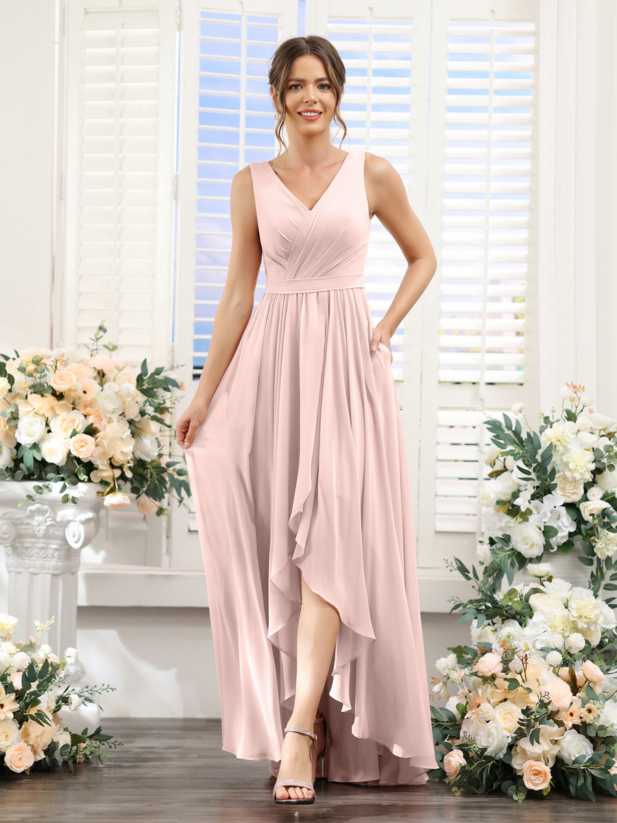 A-Line V-Neck Sleeveless Ruched Asymmetrical Chiffon Bridesmaid Dresses Pearl Pink