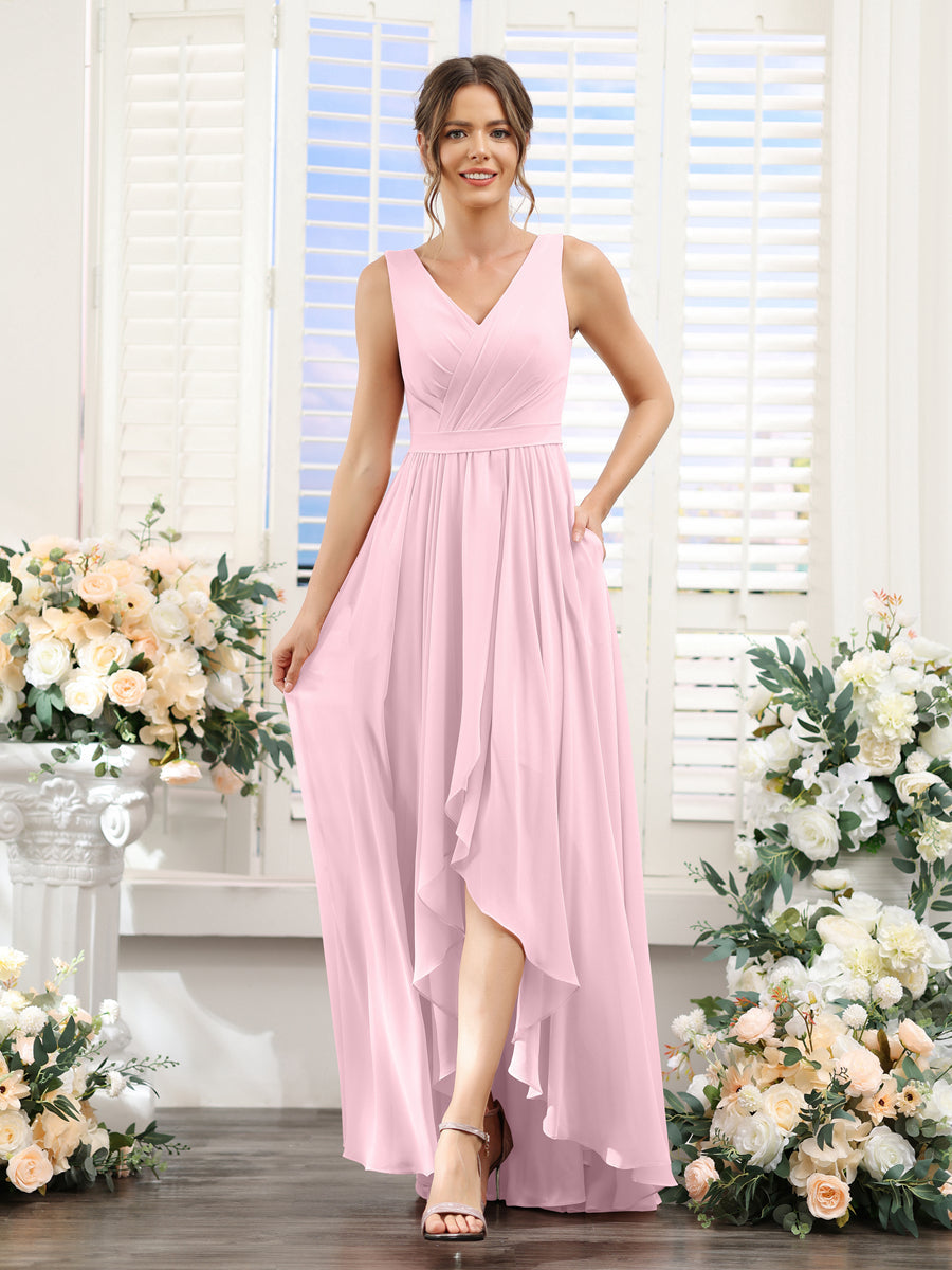 A-Line V-Neck Sleeveless Ruched Asymmetrical Chiffon Bridesmaid Dresses Pink