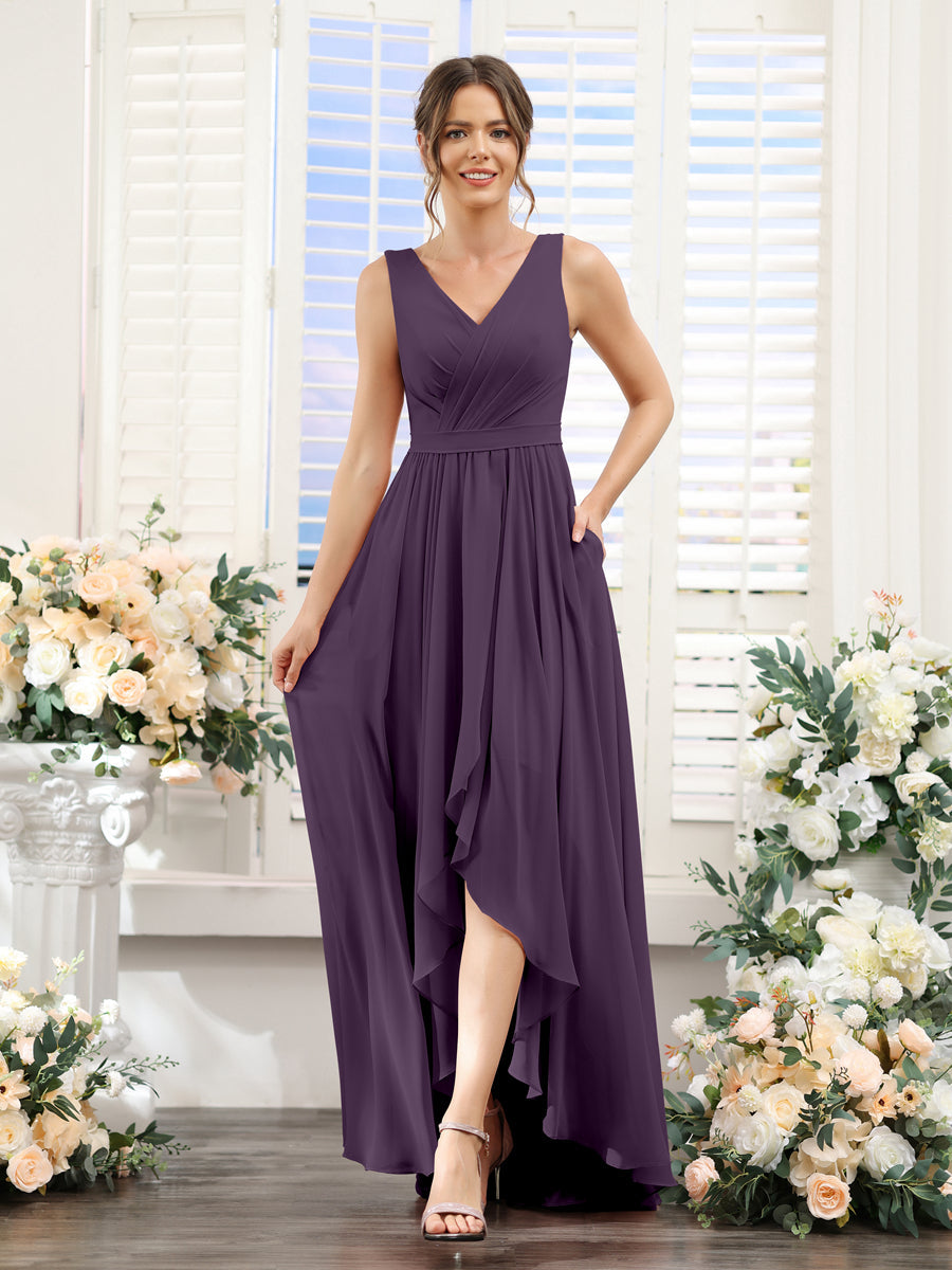 A-Line V-Neck Sleeveless Ruched Asymmetrical Chiffon Bridesmaid Dresses Plum