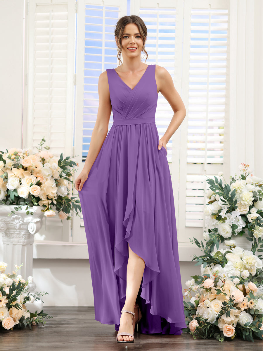 A-Line V-Neck Sleeveless Ruched Asymmetrical Chiffon Bridesmaid Dresses Purple