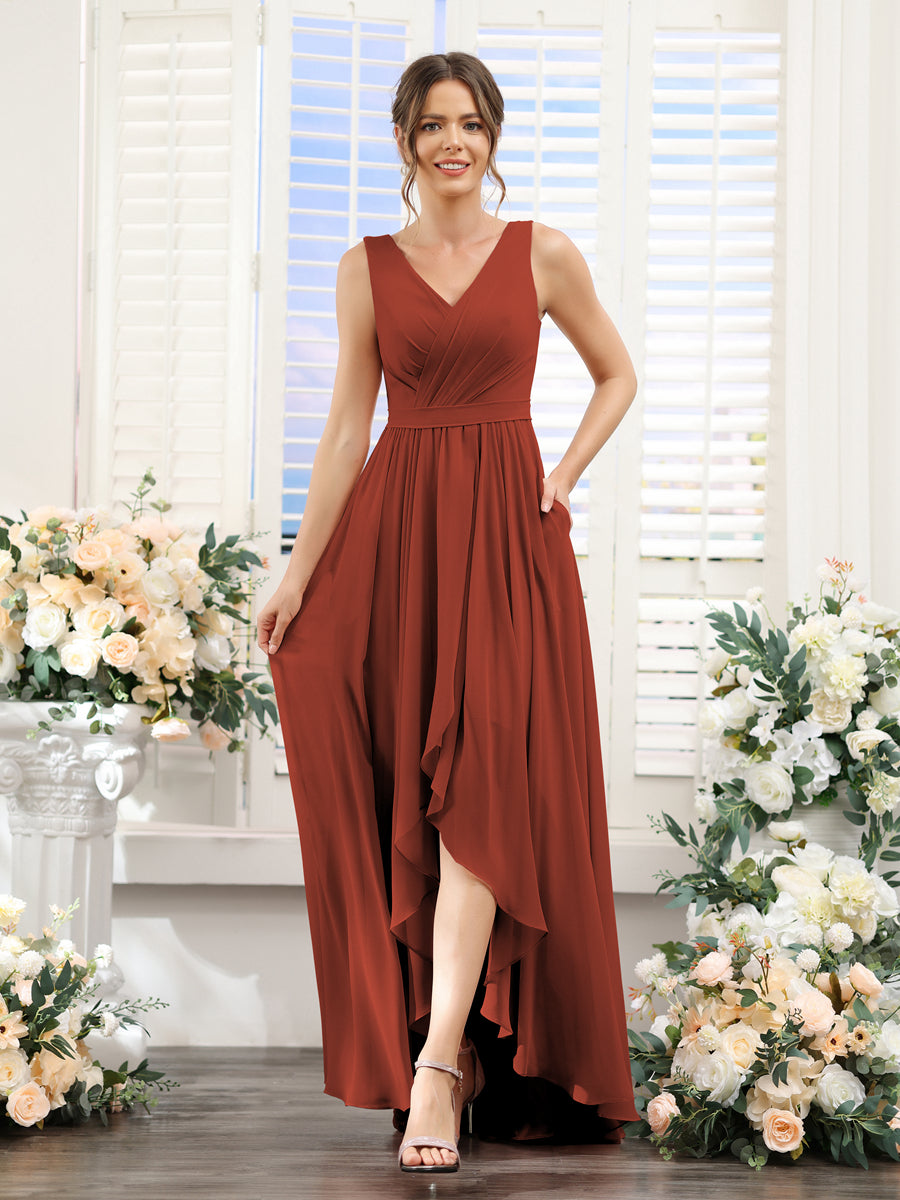 A-Line V-Neck Sleeveless Ruched Asymmetrical Chiffon Bridesmaid Dresses Rust