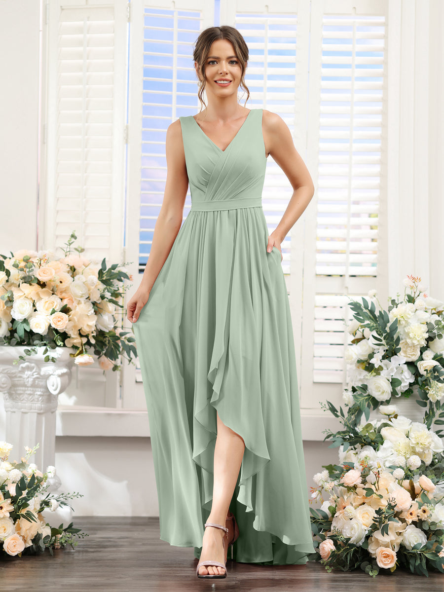 A-Line V-Neck Sleeveless Ruched Asymmetrical Chiffon Bridesmaid Dresses Sage