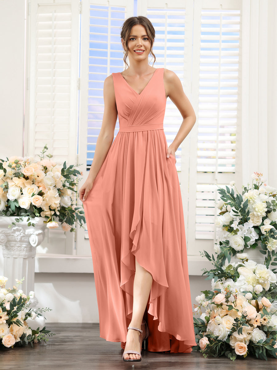 A-Line V-Neck Sleeveless Ruched Asymmetrical Chiffon Bridesmaid Dresses Salmon