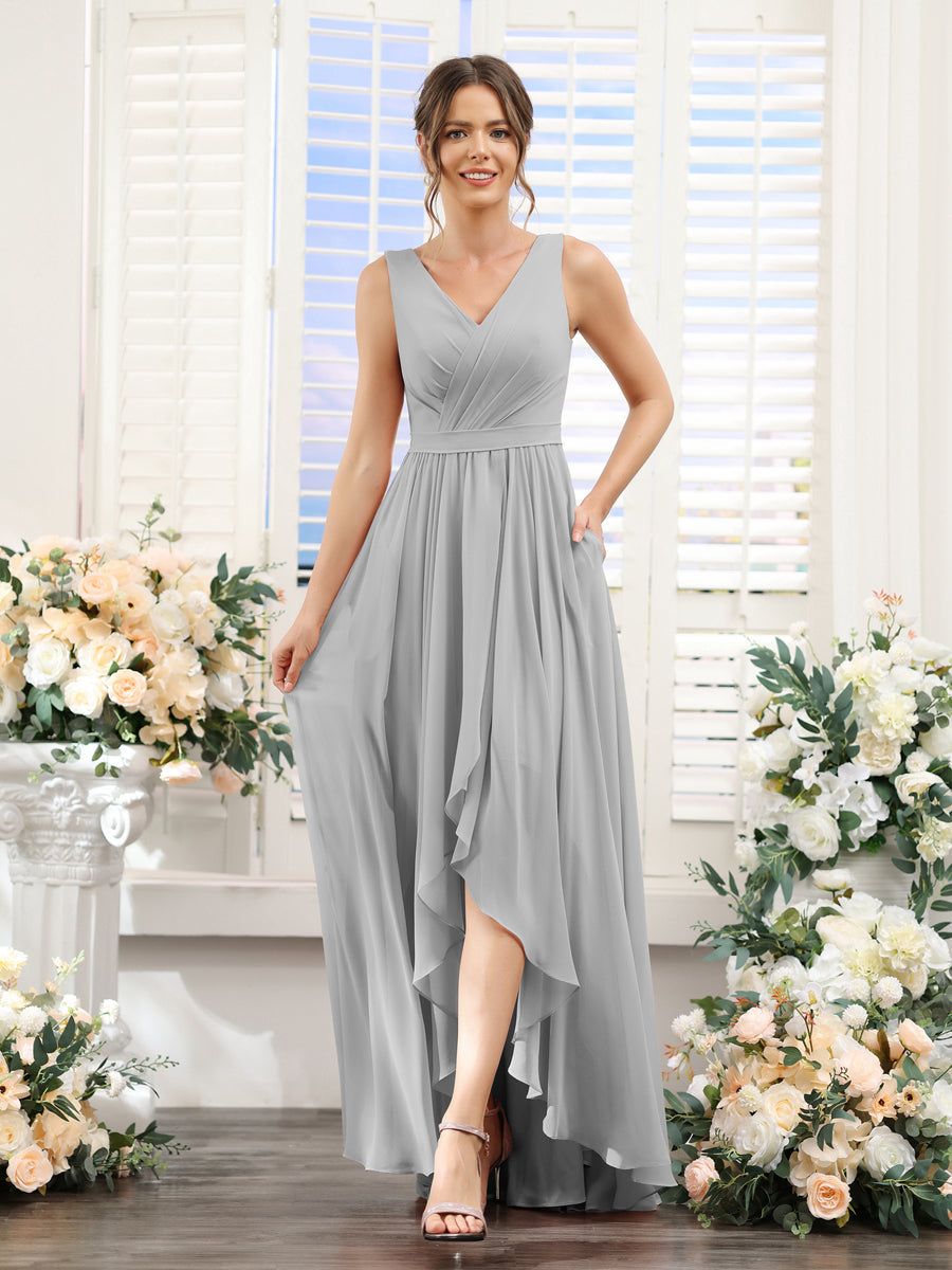 A-Line V-Neck Sleeveless Ruched Asymmetrical Chiffon Bridesmaid Dresses Silver