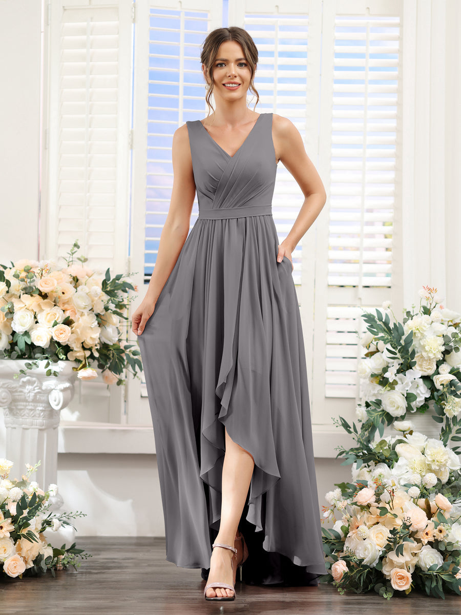 A-Line V-Neck Sleeveless Ruched Asymmetrical Chiffon Bridesmaid Dresses Silver Gray