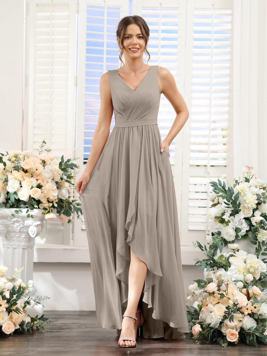 A-Line V-Neck Sleeveless Ruched Asymmetrical Chiffon Bridesmaid Dresses Taupe