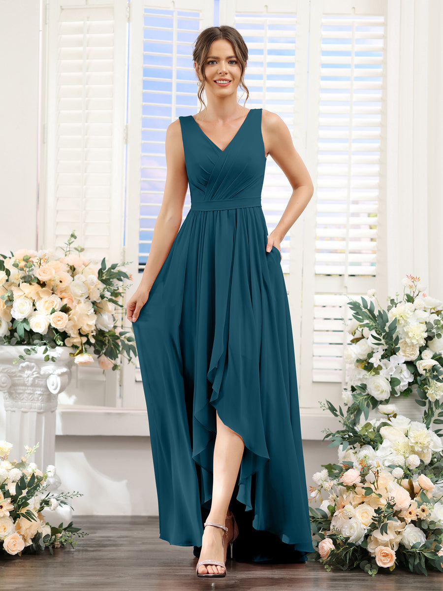A-Line V-Neck Sleeveless Ruched Asymmetrical Chiffon Bridesmaid Dresses Teal