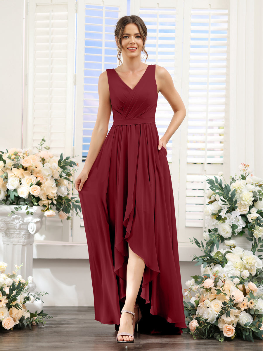A-Line V-Neck Sleeveless Ruched Asymmetrical Chiffon Bridesmaid Dresses Wine Red