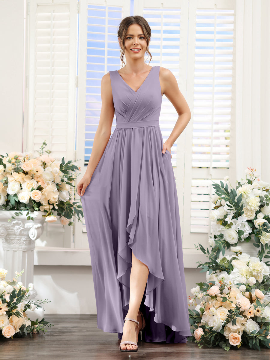 A-Line V-Neck Sleeveless Ruched Asymmetrical Chiffon Bridesmaid Dresses Wisteria