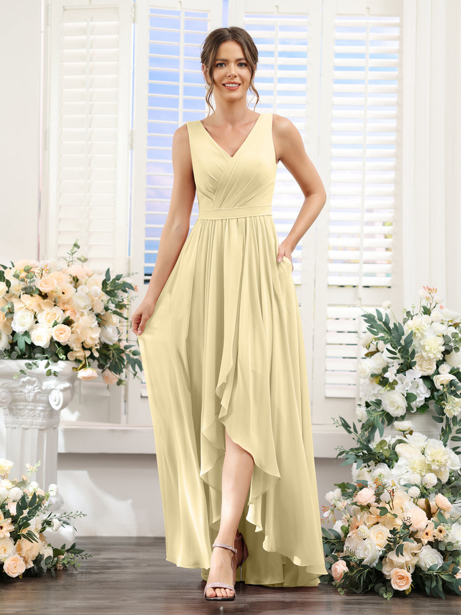 A-Line V-Neck Sleeveless Ruched Asymmetrical Chiffon Bridesmaid Dresses Yellow