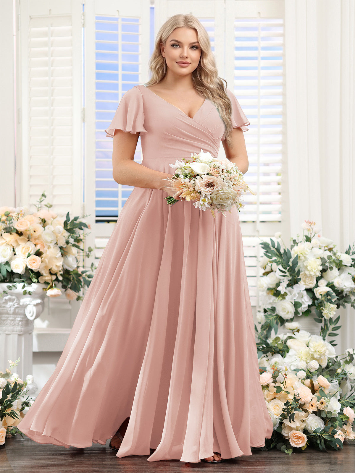 A-Line V-Neck Short Sleeves Split Side Ruched Chiffon Plus Size Bridesmaid Dresses Blush Pink
