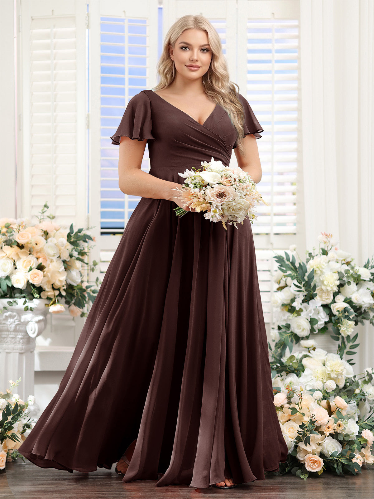 A-Line V-Neck Short Sleeves Split Side Ruched Chiffon Plus Size Bridesmaid Dresses Brown