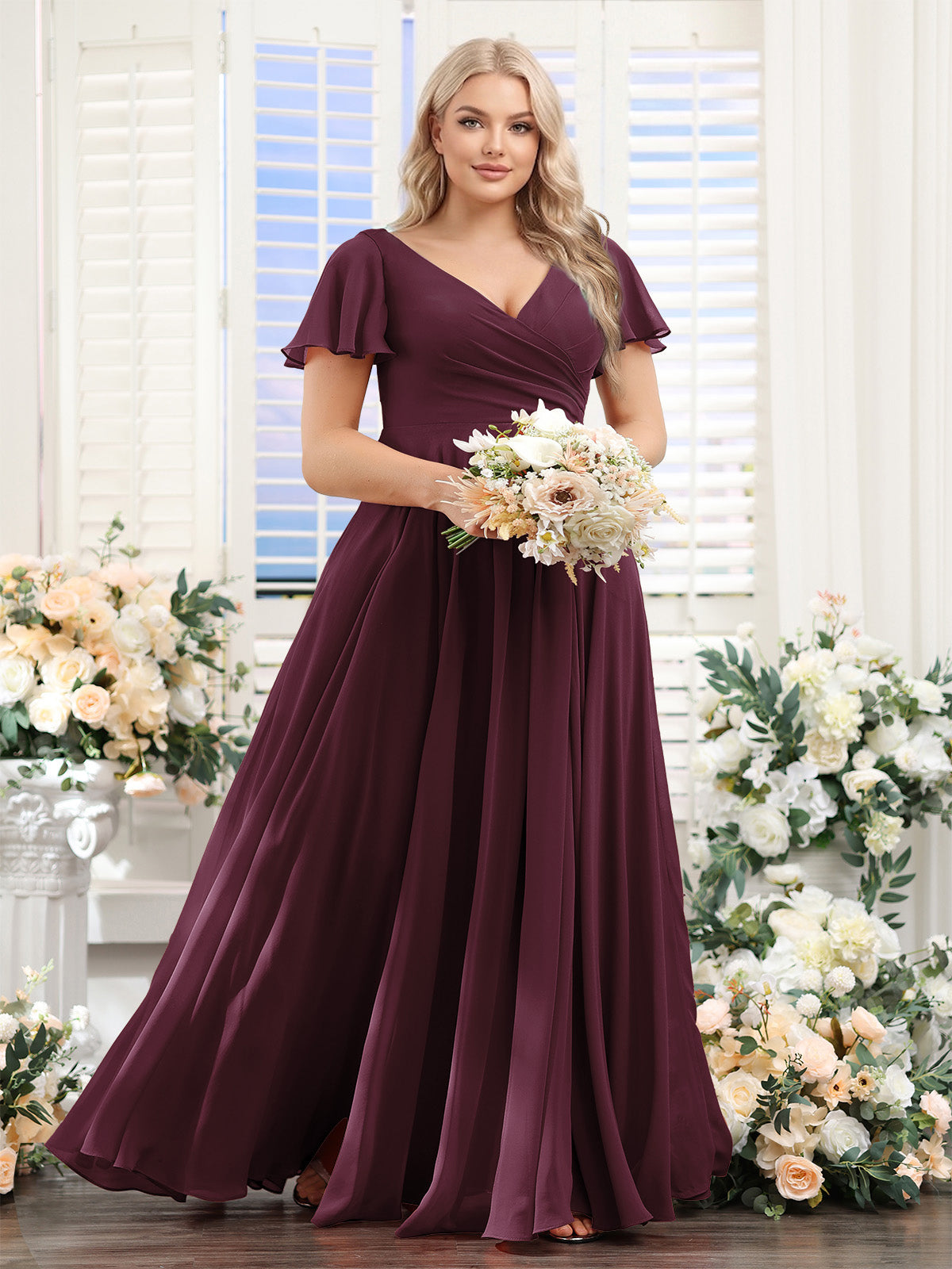 A-Line V-Neck Short Sleeves Split Side Ruched Chiffon Plus Size Bridesmaid Dresses Burgundy