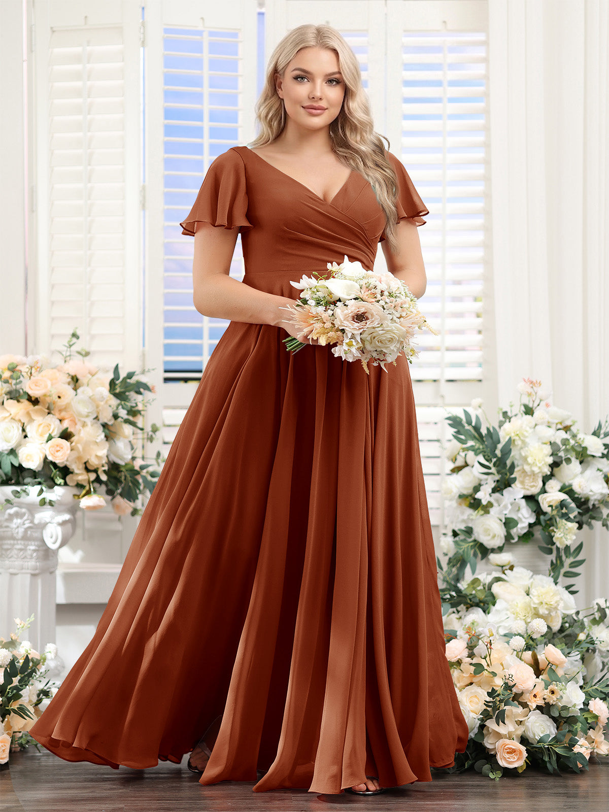 A-Line V-Neck Short Sleeves Split Side Ruched Chiffon Plus Size Bridesmaid Dresses Burnt Orange