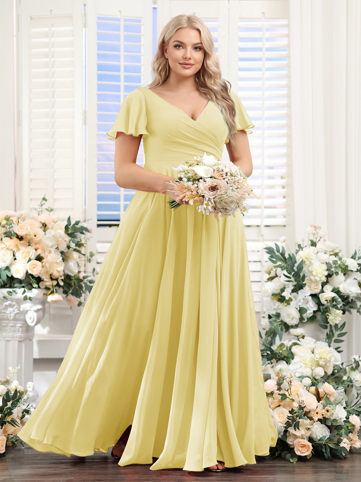 A-Line V-Neck Short Sleeves Split Side Ruched Chiffon Plus Size Bridesmaid Dresses Canary