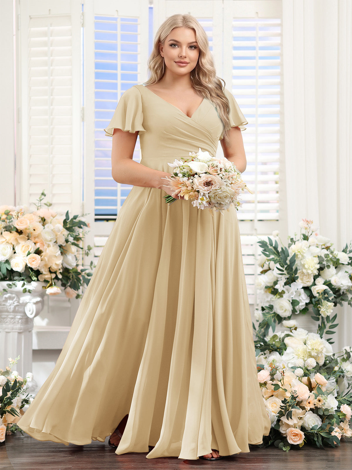 A-Line V-Neck Short Sleeves Split Side Ruched Chiffon Plus Size Bridesmaid Dresses Champagne