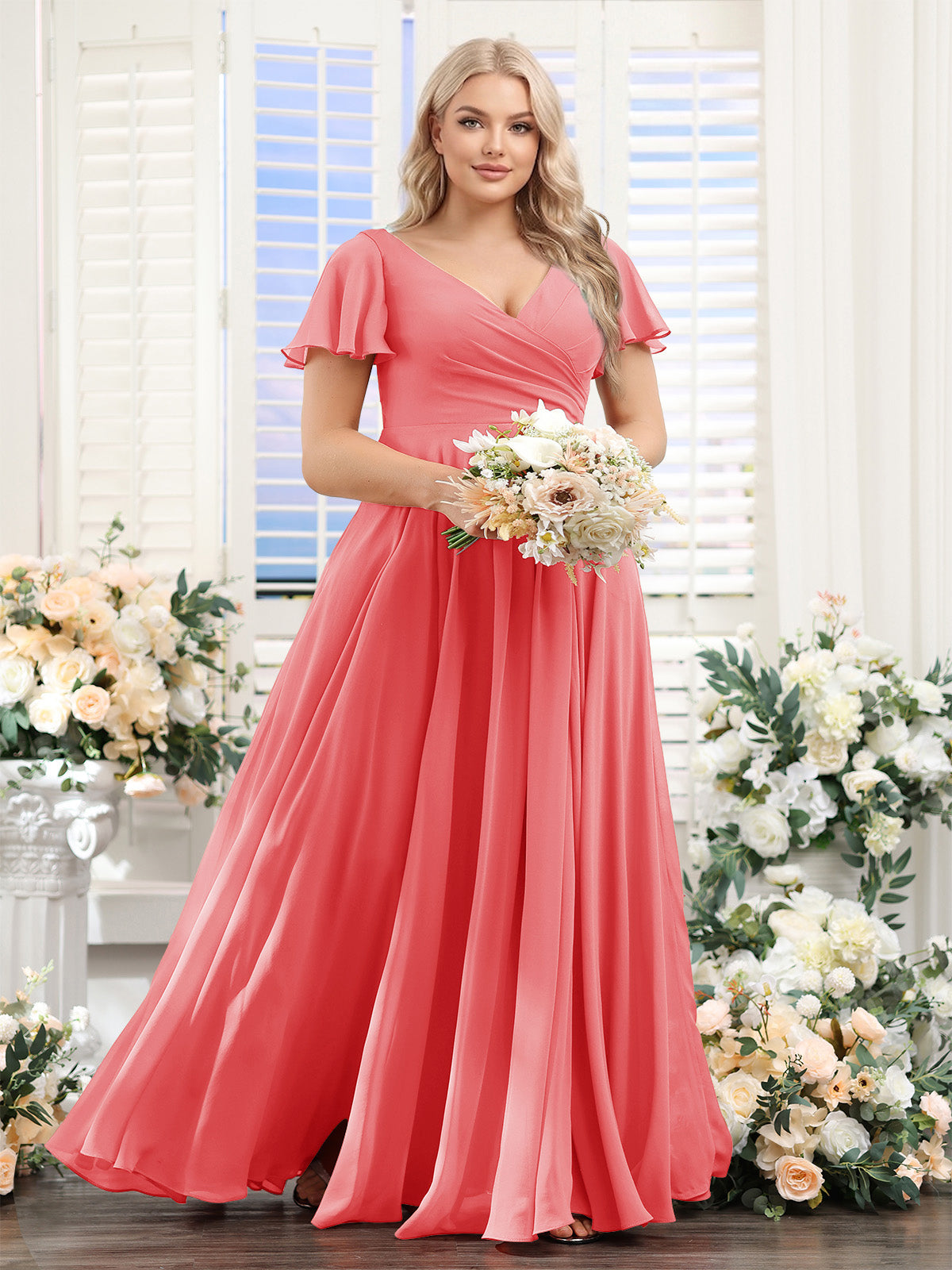 A-Line V-Neck Short Sleeves Split Side Ruched Chiffon Plus Size Bridesmaid Dresses Coral