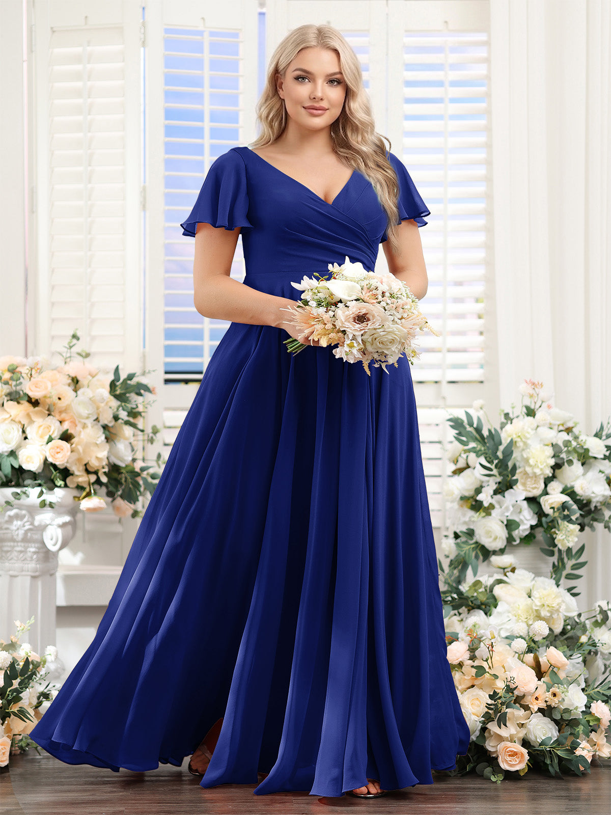 A-Line V-Neck Short Sleeves Split Side Ruched Chiffon Plus Size Bridesmaid Dresses Dark Royal Blue