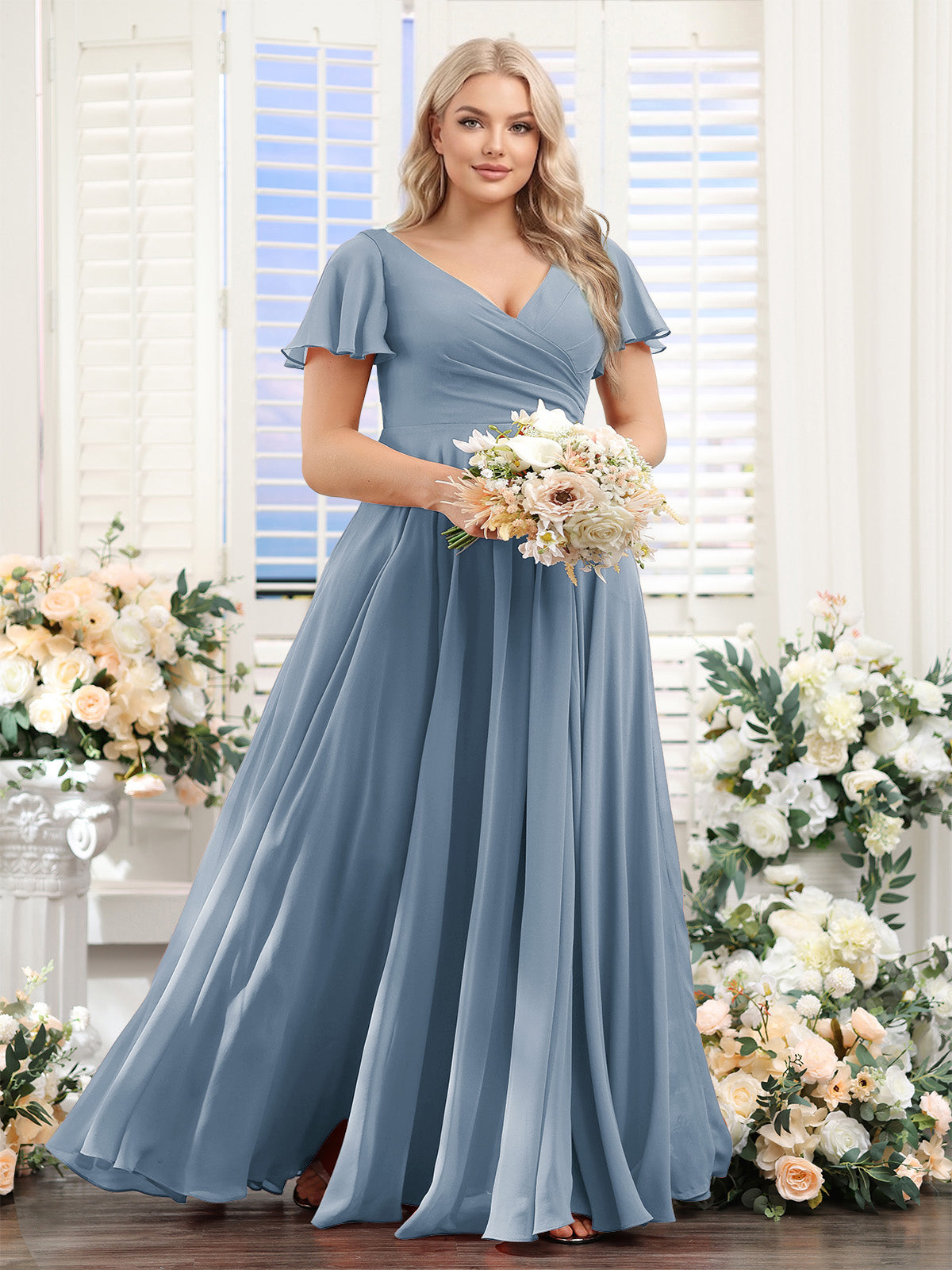 A-Line V-Neck Short Sleeves Split Side Ruched Chiffon Plus Size Bridesmaid Dresses Dusty Blue