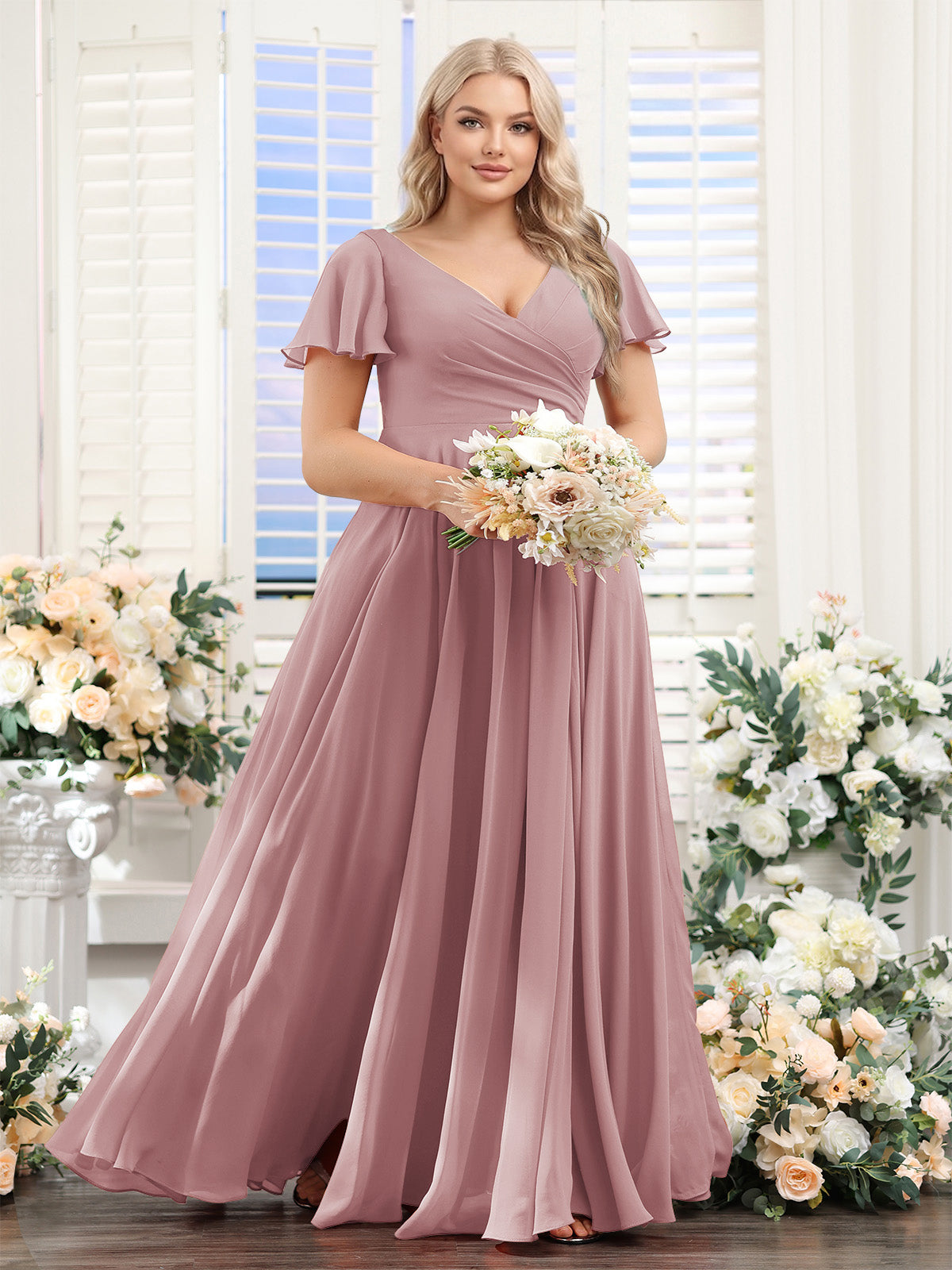 A-Line V-Neck Short Sleeves Split Side Ruched Chiffon Plus Size Bridesmaid Dresses Dusty Pink