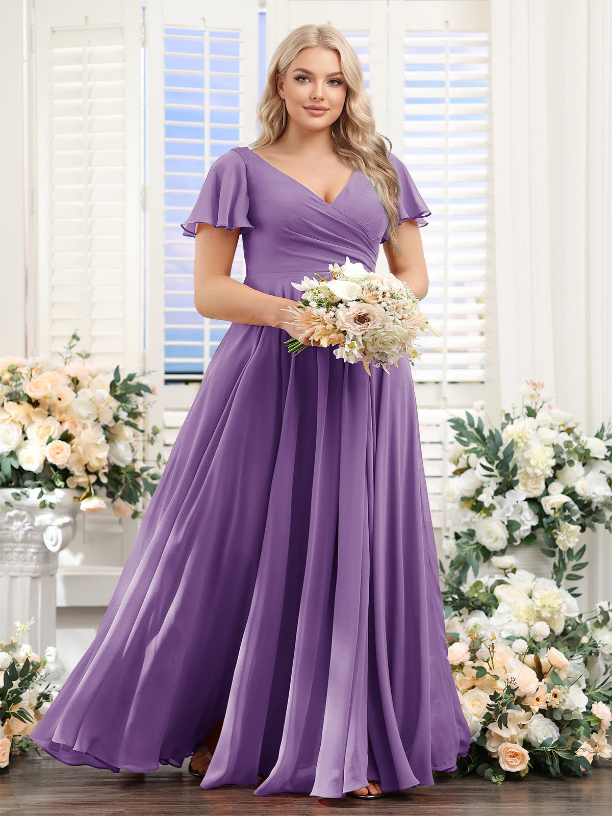 A-Line V-Neck Short Sleeves Split Side Ruched Chiffon Plus Size Bridesmaid Dresses Dusty Purple