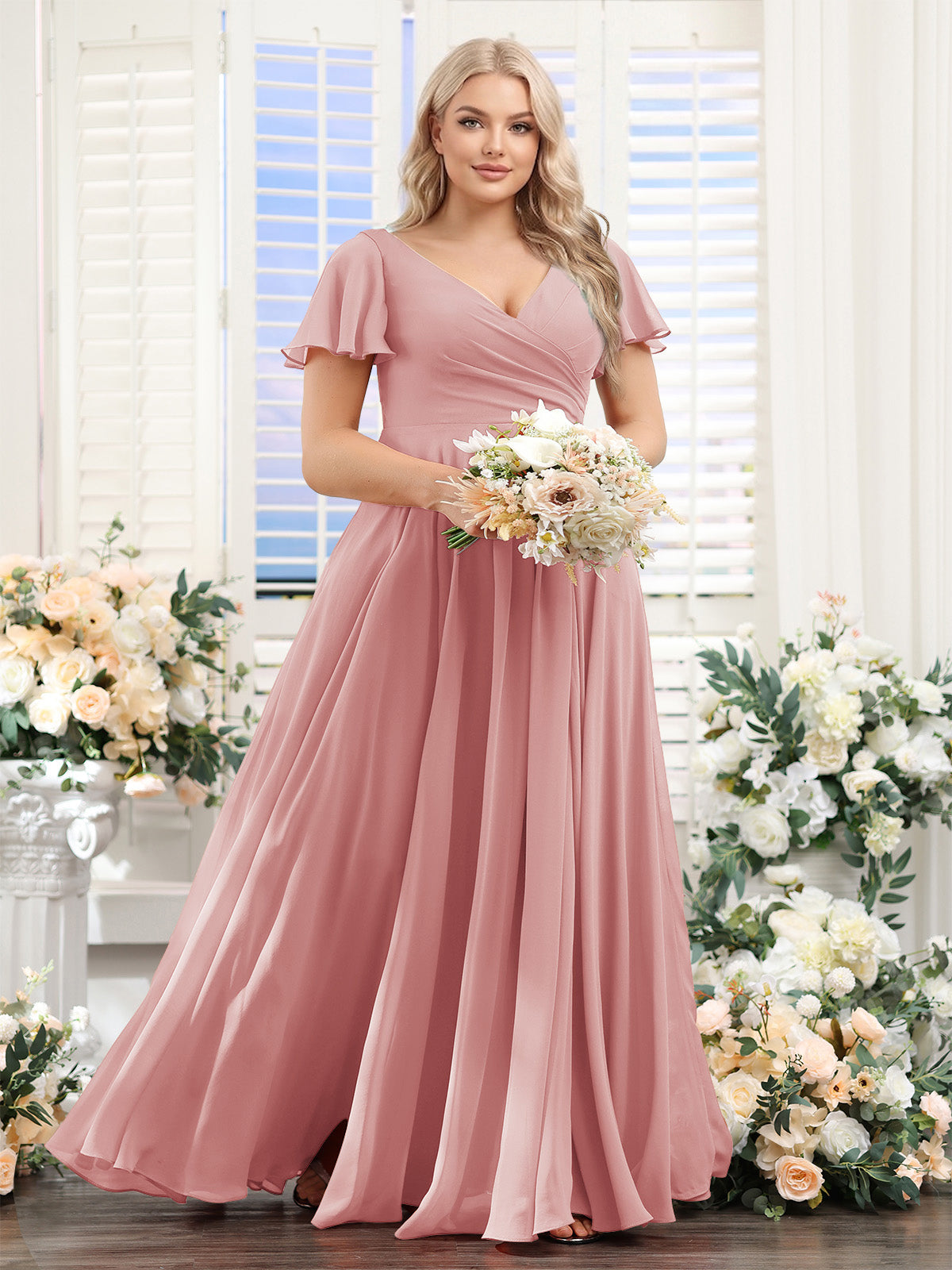 A-Line V-Neck Short Sleeves Split Side Ruched Chiffon Plus Size Bridesmaid Dresses Dusty Rose