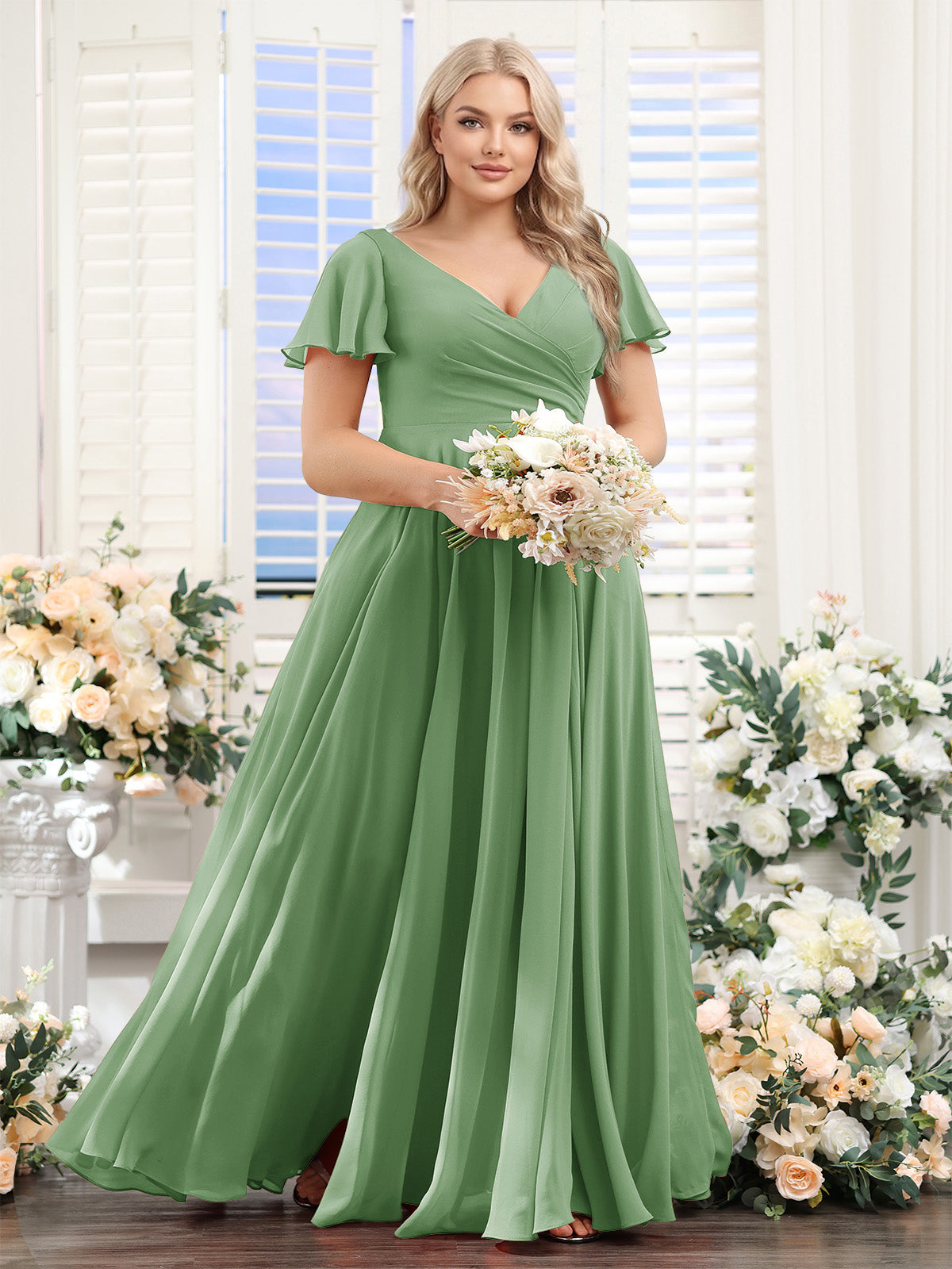A-Line V-Neck Short Sleeves Split Side Ruched Chiffon Plus Size Bridesmaid Dresses Dusty Sage