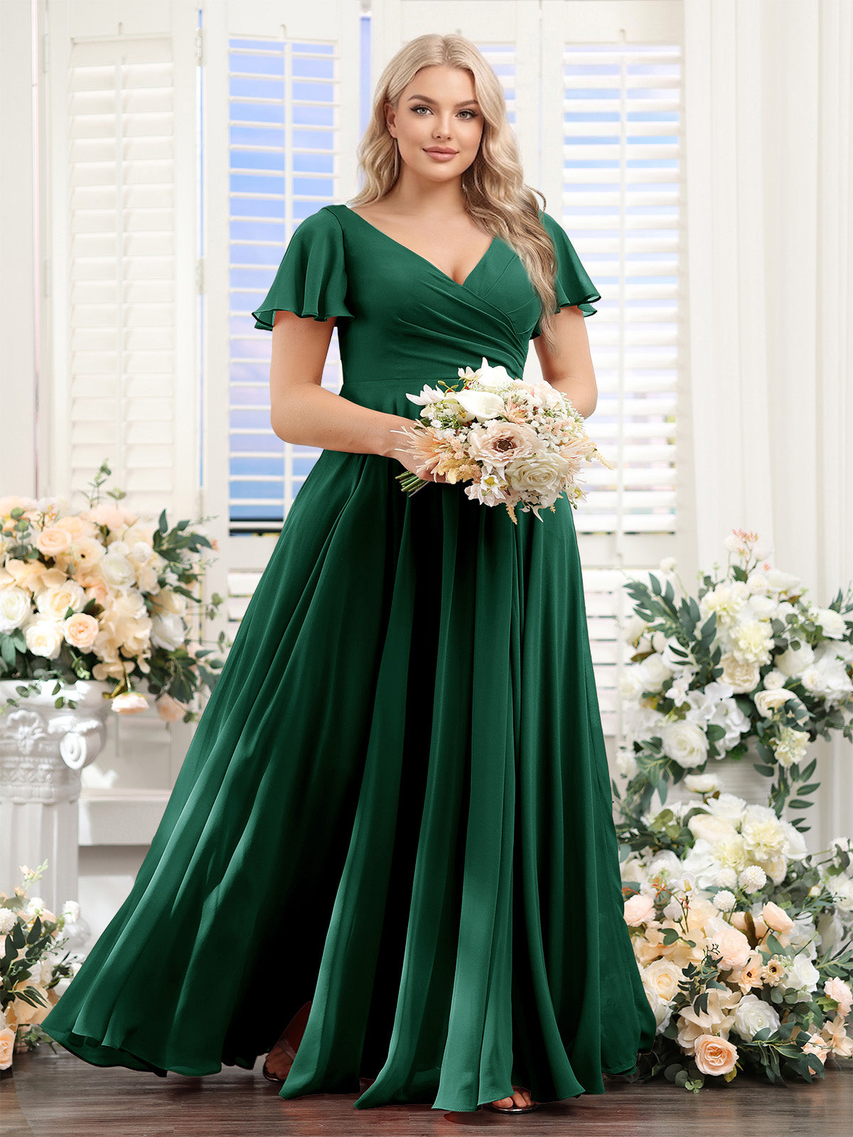 A-Line V-Neck Short Sleeves Split Side Ruched Chiffon Plus Size Bridesmaid Dresses Emerald
