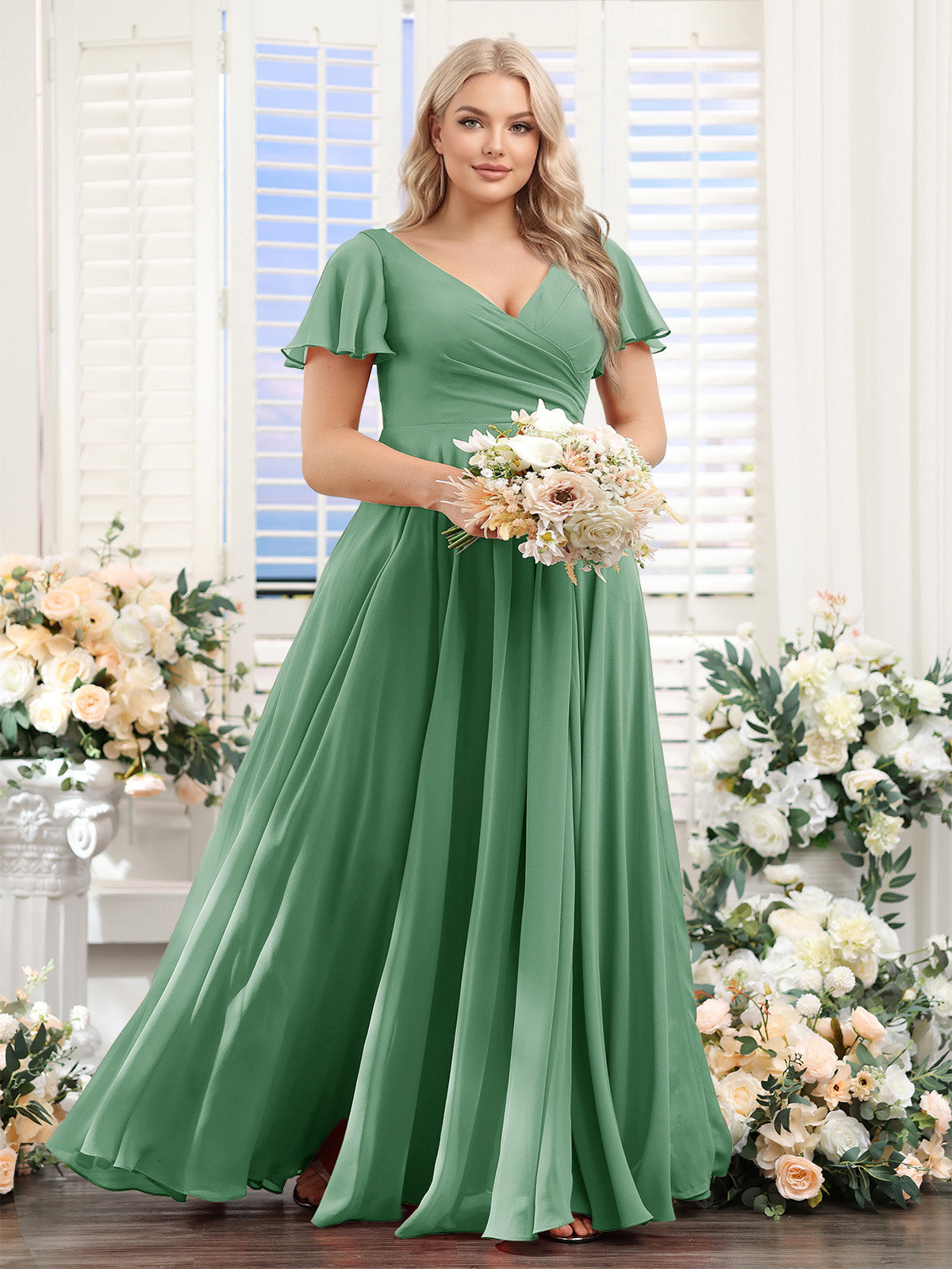 A-Line V-Neck Short Sleeves Split Side Ruched Chiffon Plus Size Bridesmaid Dresses Eucalyptus