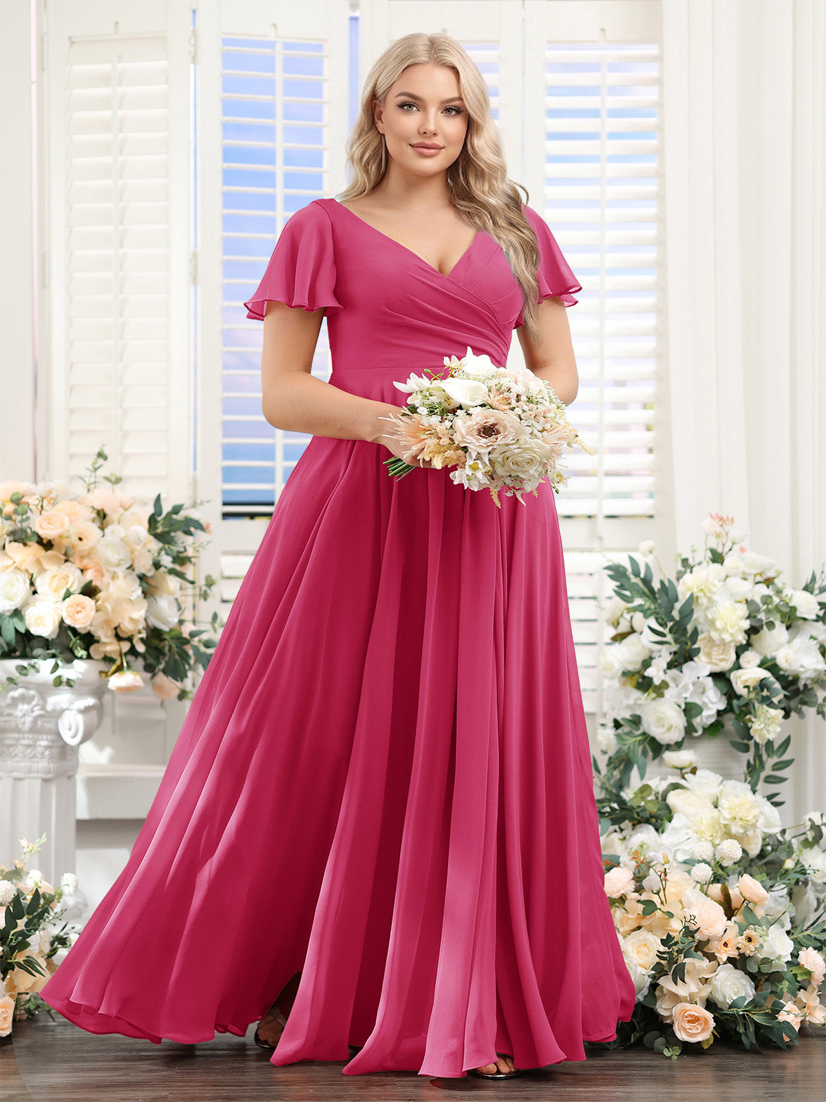 A-Line V-Neck Short Sleeves Split Side Ruched Chiffon Plus Size Bridesmaid Dresses Fuchsia