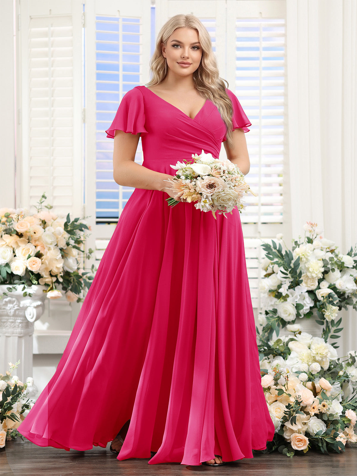 A-Line V-Neck Short Sleeves Split Side Ruched Chiffon Plus Size Bridesmaid Dresses Fuchsia Pink