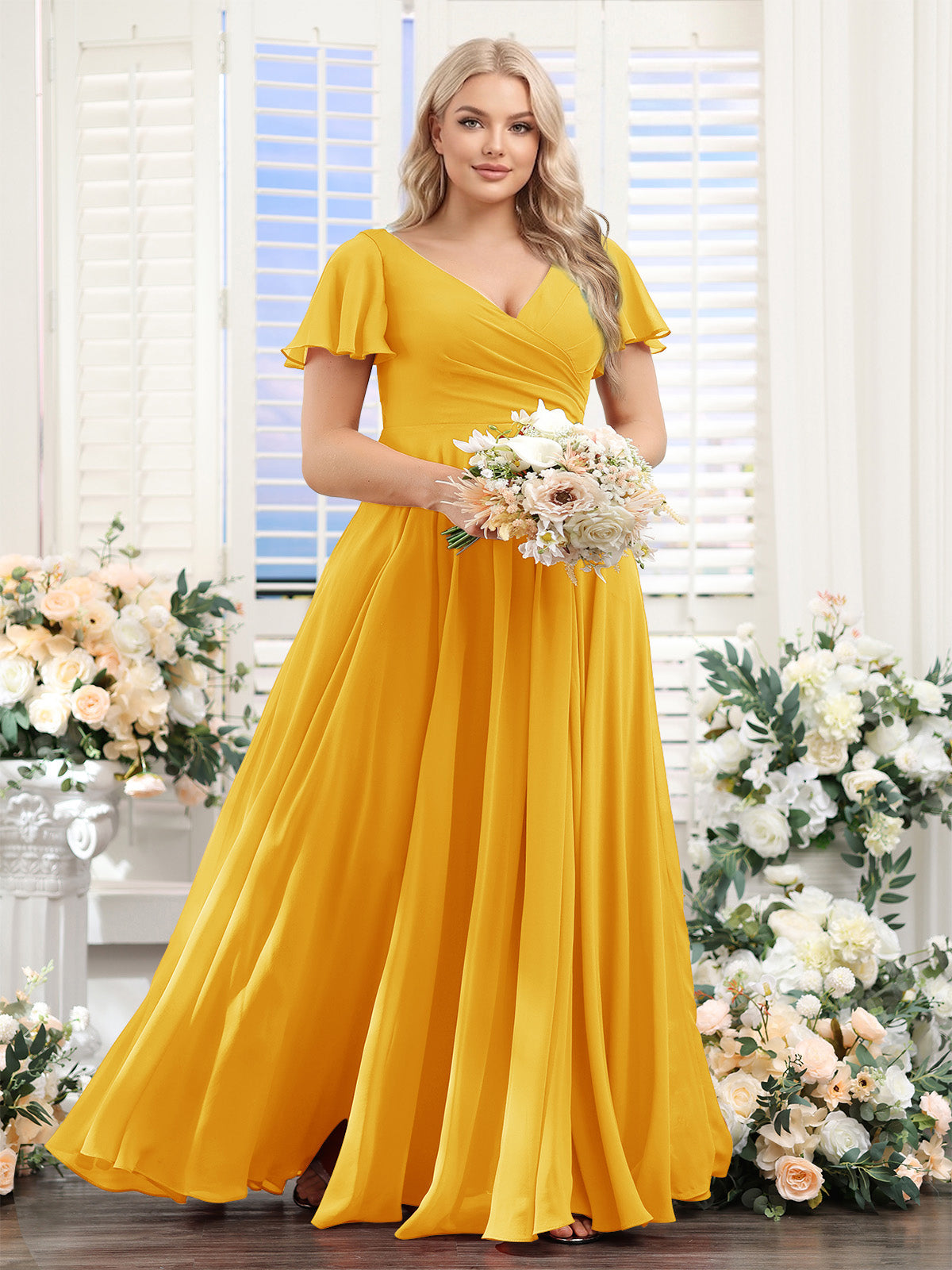 A-Line V-Neck Short Sleeves Split Side Ruched Chiffon Plus Size Bridesmaid Dresses Gold