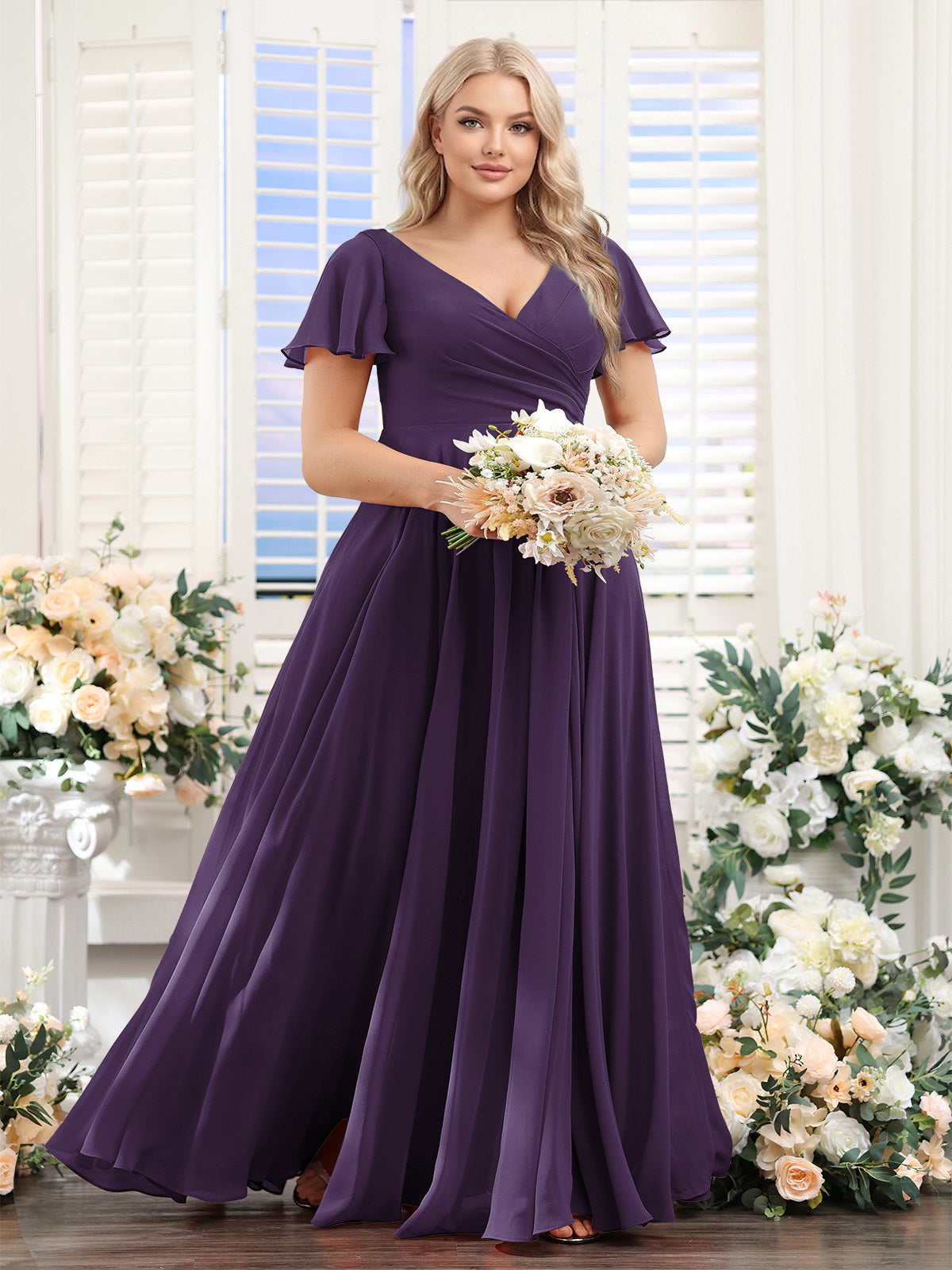A-Line V-Neck Short Sleeves Split Side Ruched Chiffon Plus Size Bridesmaid Dresses Grape