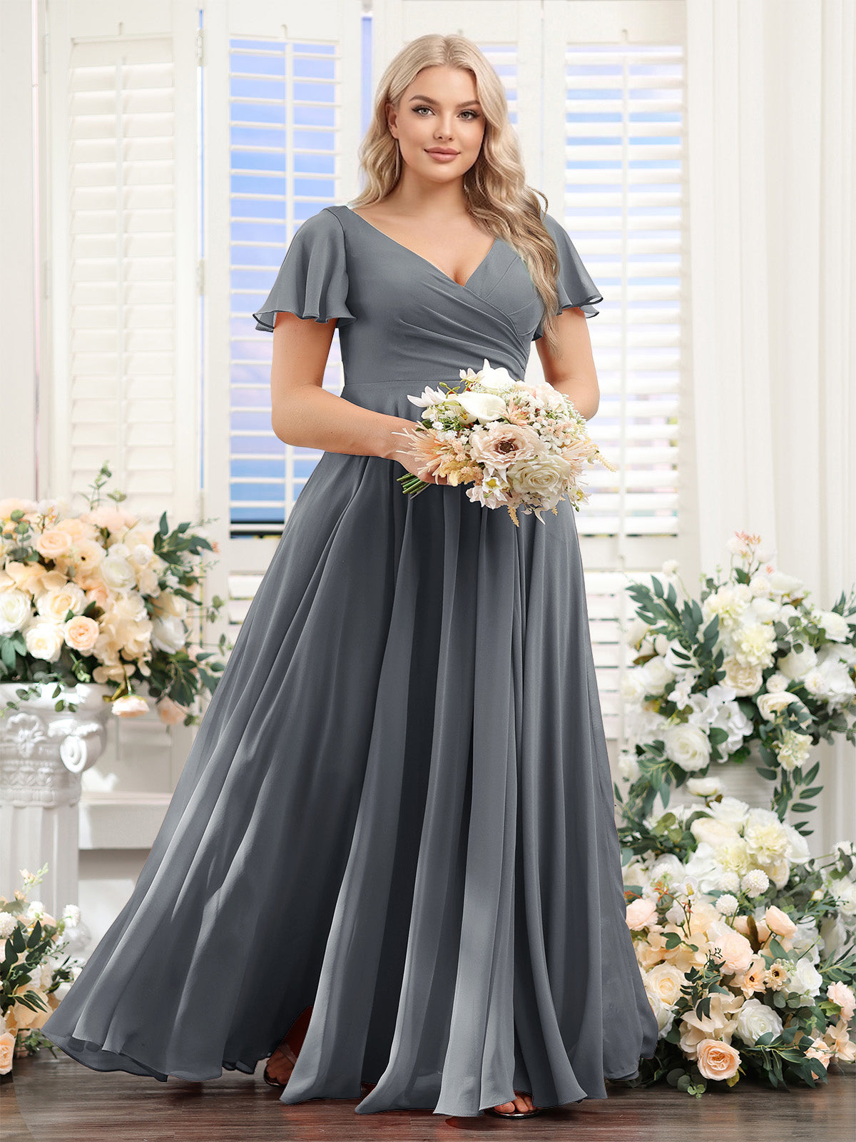 A-Line V-Neck Short Sleeves Split Side Ruched Chiffon Plus Size Bridesmaid Dresses Gray