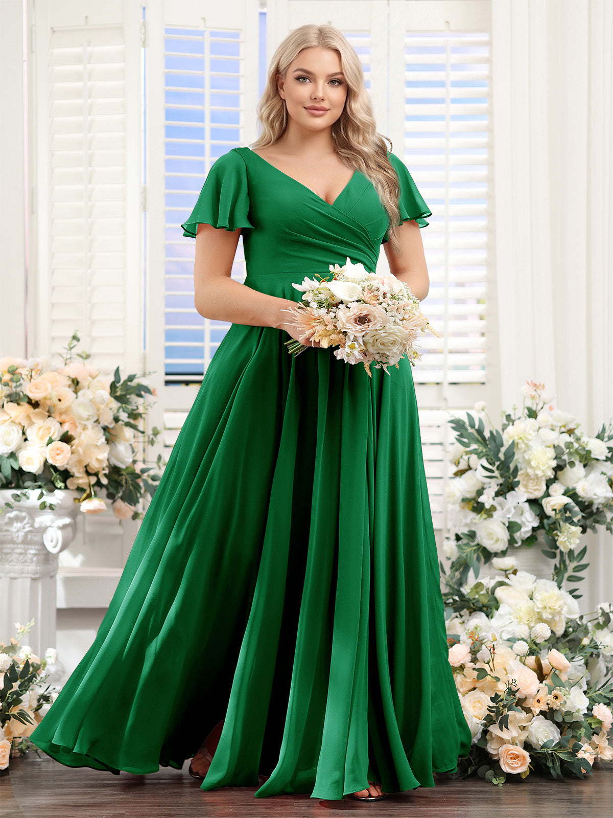 A-Line V-Neck Short Sleeves Split Side Ruched Chiffon Plus Size Bridesmaid Dresses Green
