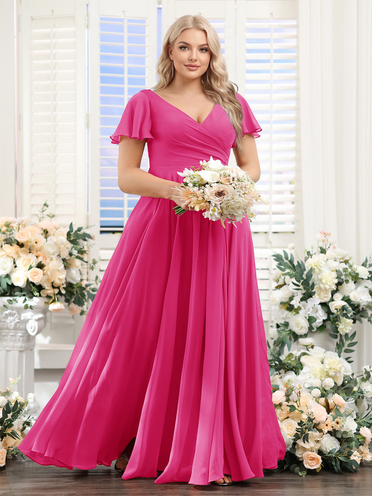 A-Line V-Neck Short Sleeves Split Side Ruched Chiffon Plus Size Bridesmaid Dresses Hot Pink
