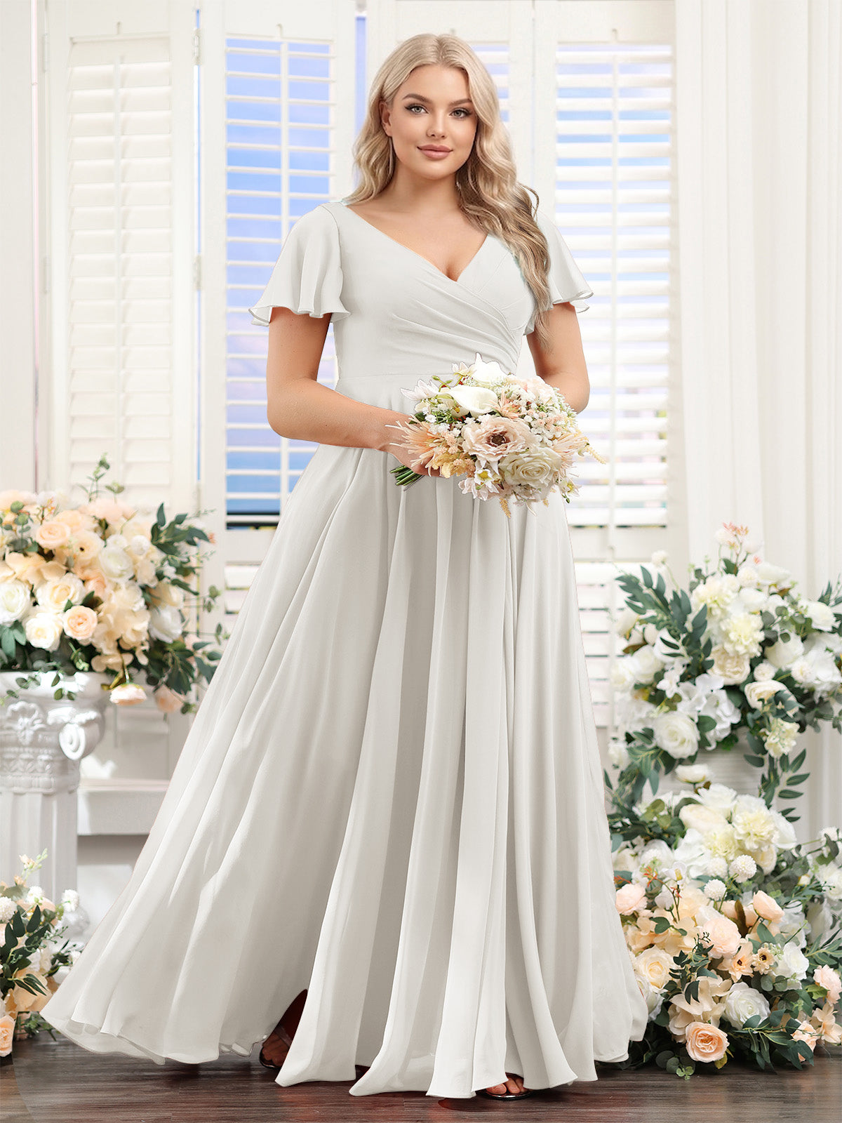 A-Line V-Neck Short Sleeves Split Side Ruched Chiffon Plus Size Bridesmaid Dresses Ivory