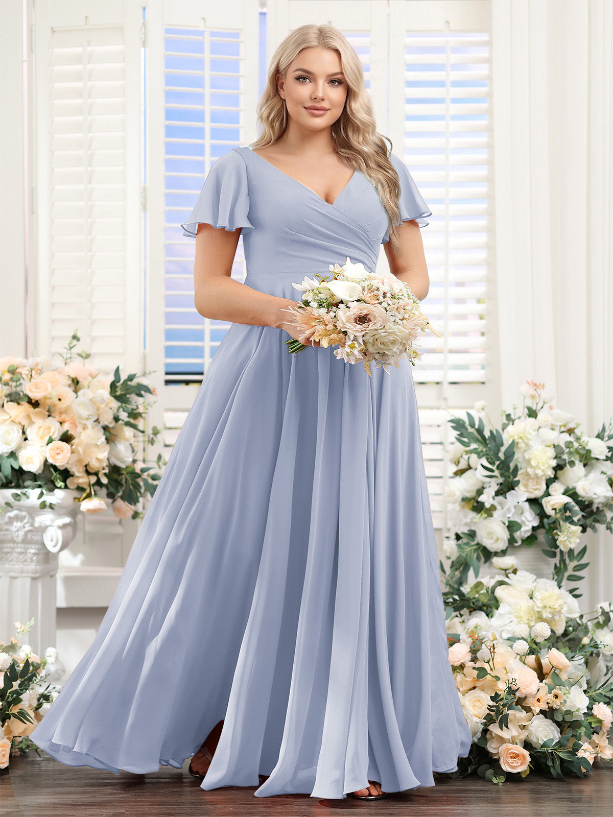 A-Line V-Neck Short Sleeves Split Side Ruched Chiffon Plus Size Bridesmaid Dresses Lavender