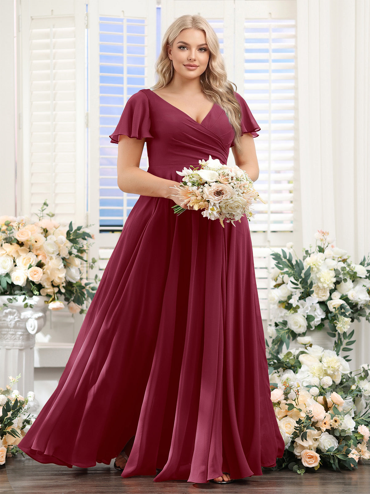 A-Line V-Neck Short Sleeves Split Side Ruched Chiffon Plus Size Bridesmaid Dresses Light Burgundy