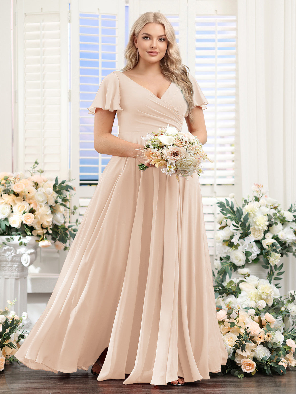 A-Line V-Neck Short Sleeves Split Side Ruched Chiffon Plus Size Bridesmaid Dresses Light Champagne