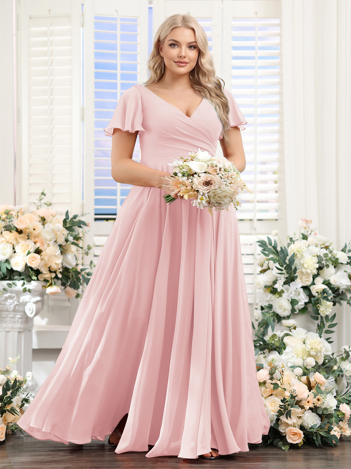 A-Line V-Neck Short Sleeves Split Side Ruched Chiffon Plus Size Bridesmaid Dresses Light Pink