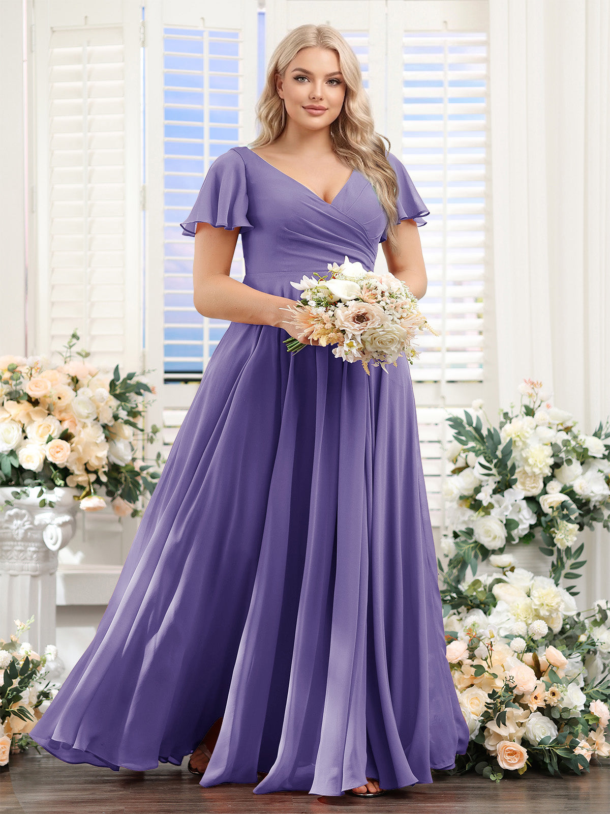 A-Line V-Neck Short Sleeves Split Side Ruched Chiffon Plus Size Bridesmaid Dresses Light Purple