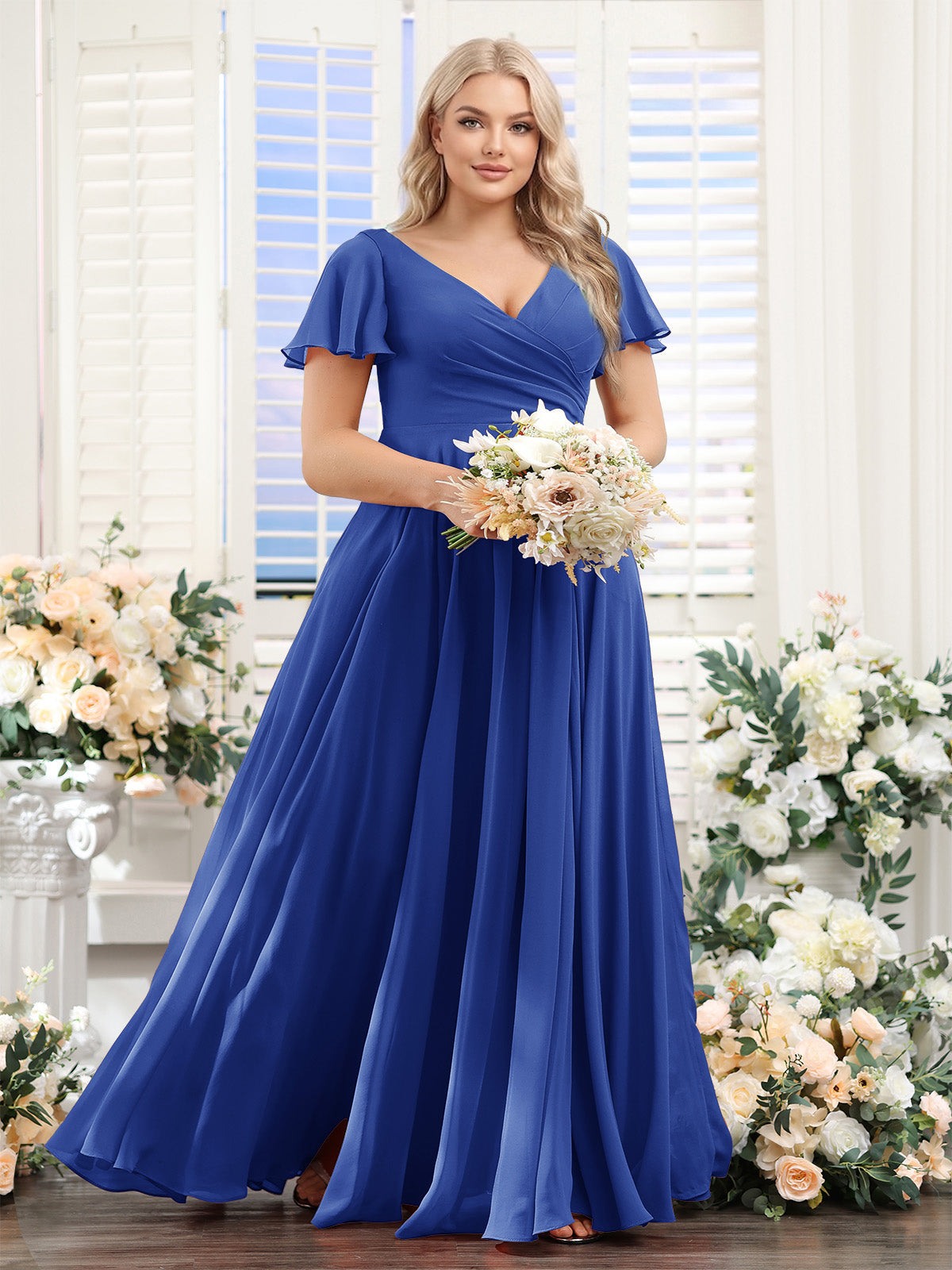A-Line V-Neck Short Sleeves Split Side Ruched Chiffon Plus Size Bridesmaid Dresses Light Royal Blue