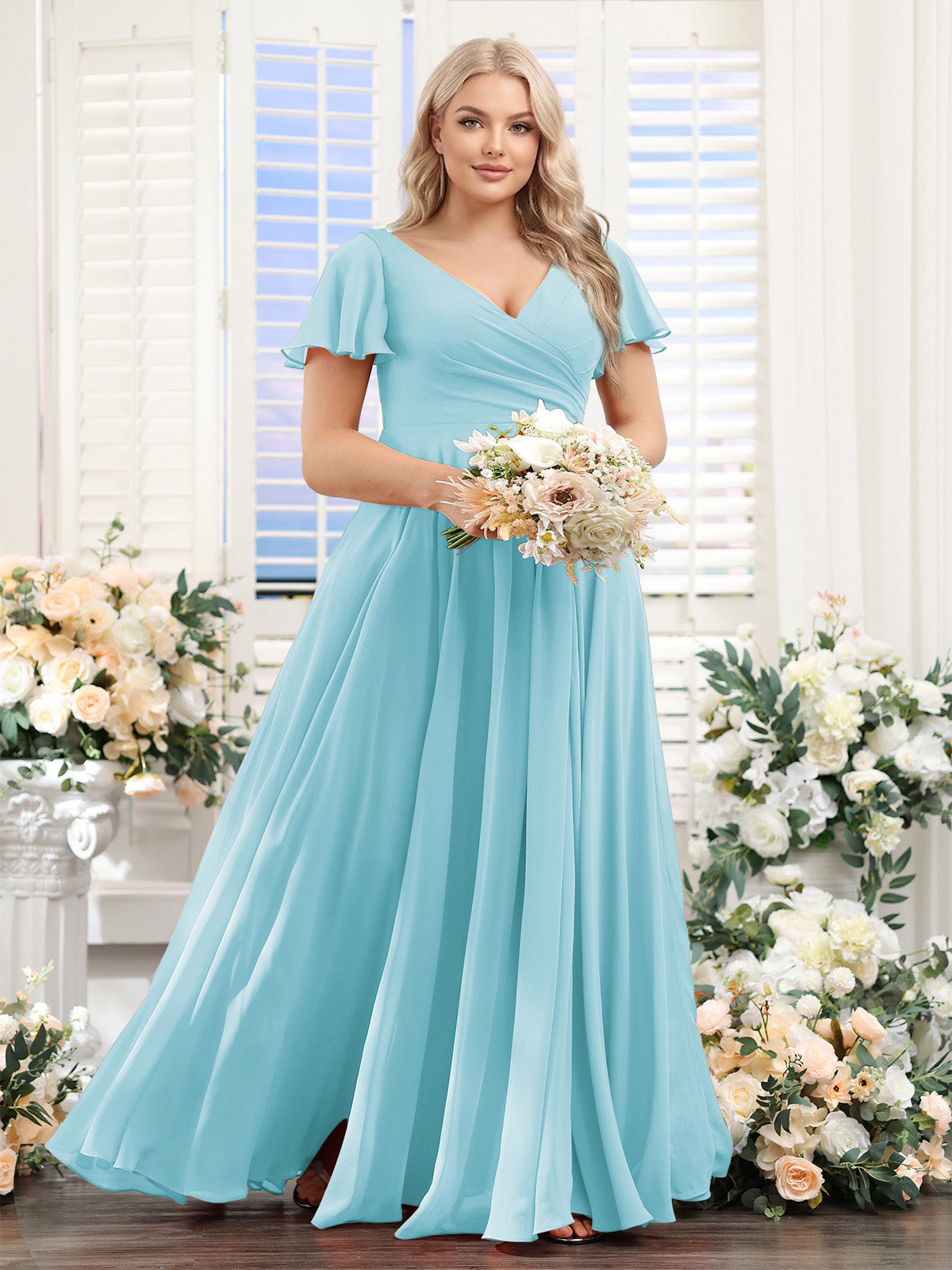 A-Line V-Neck Short Sleeves Split Side Ruched Chiffon Plus Size Bridesmaid Dresses Light Sky Blue