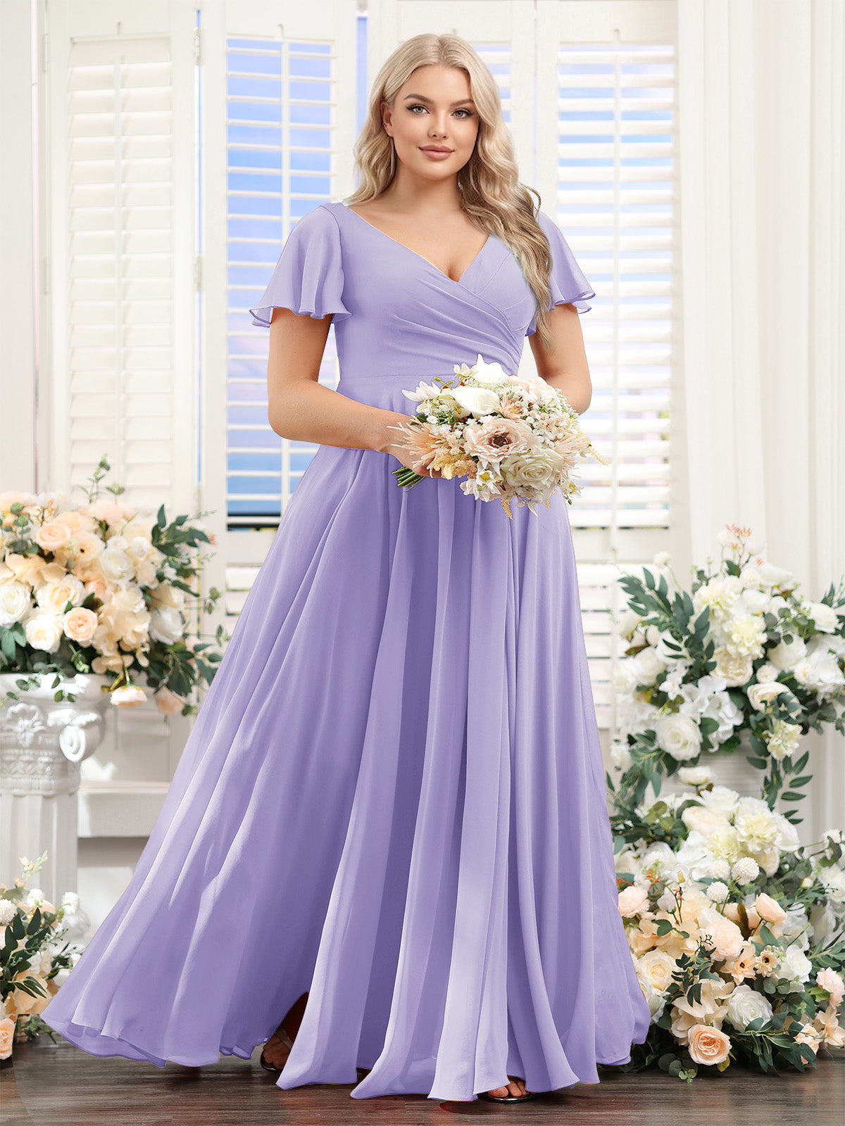 A-Line V-Neck Short Sleeves Split Side Ruched Chiffon Plus Size Bridesmaid Dresses Lilac