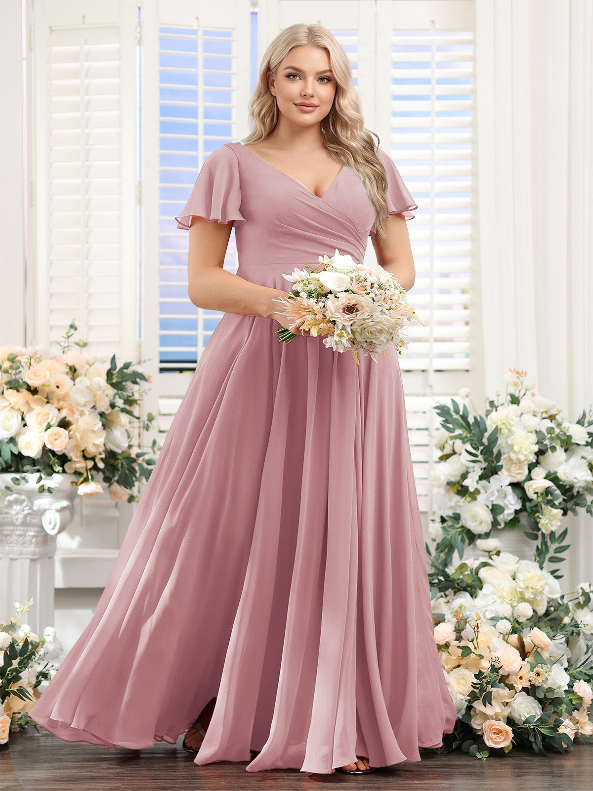 A-Line V-Neck Short Sleeves Split Side Ruched Chiffon Plus Size Bridesmaid Dresses Mauve