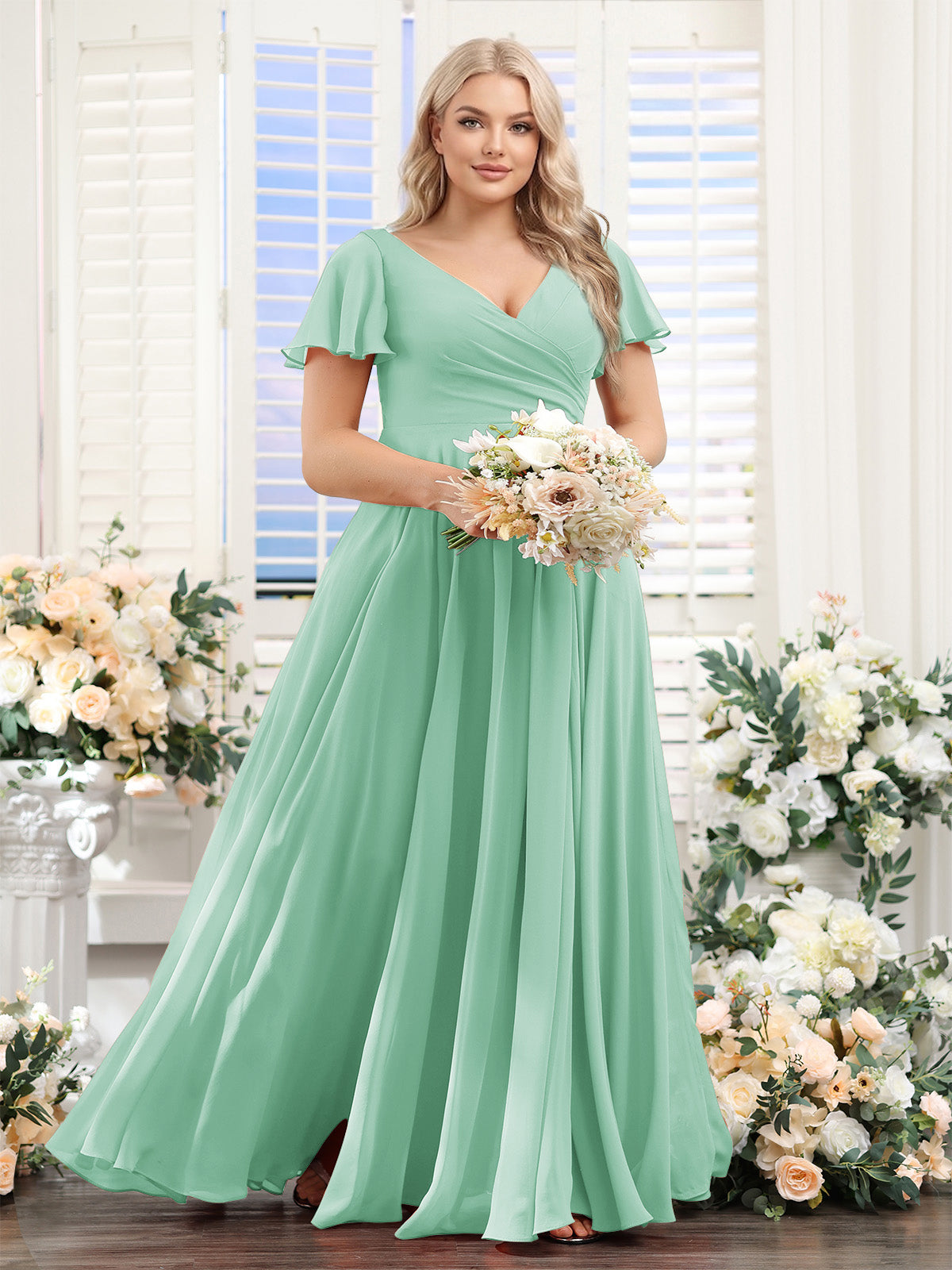 A-Line V-Neck Short Sleeves Split Side Ruched Chiffon Plus Size Bridesmaid Dresses Mint Green