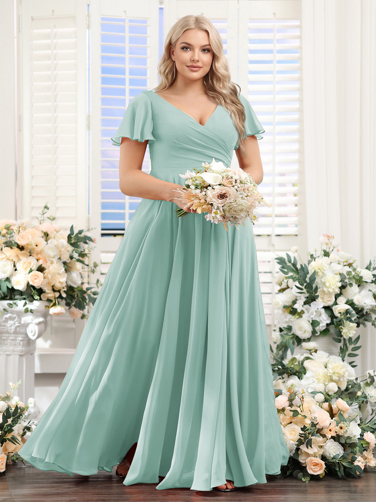 A-Line V-Neck Short Sleeves Split Side Ruched Chiffon Plus Size Bridesmaid Dresses Mist Blue